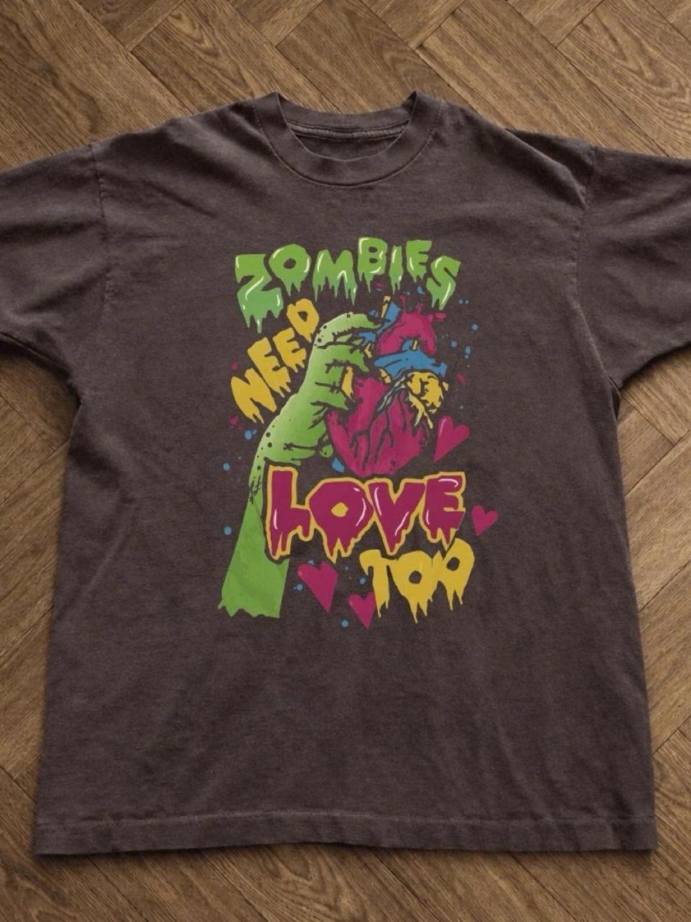 Gildan Dark Chocolate Graphic Tee with Neon Zombie Heart Artwork